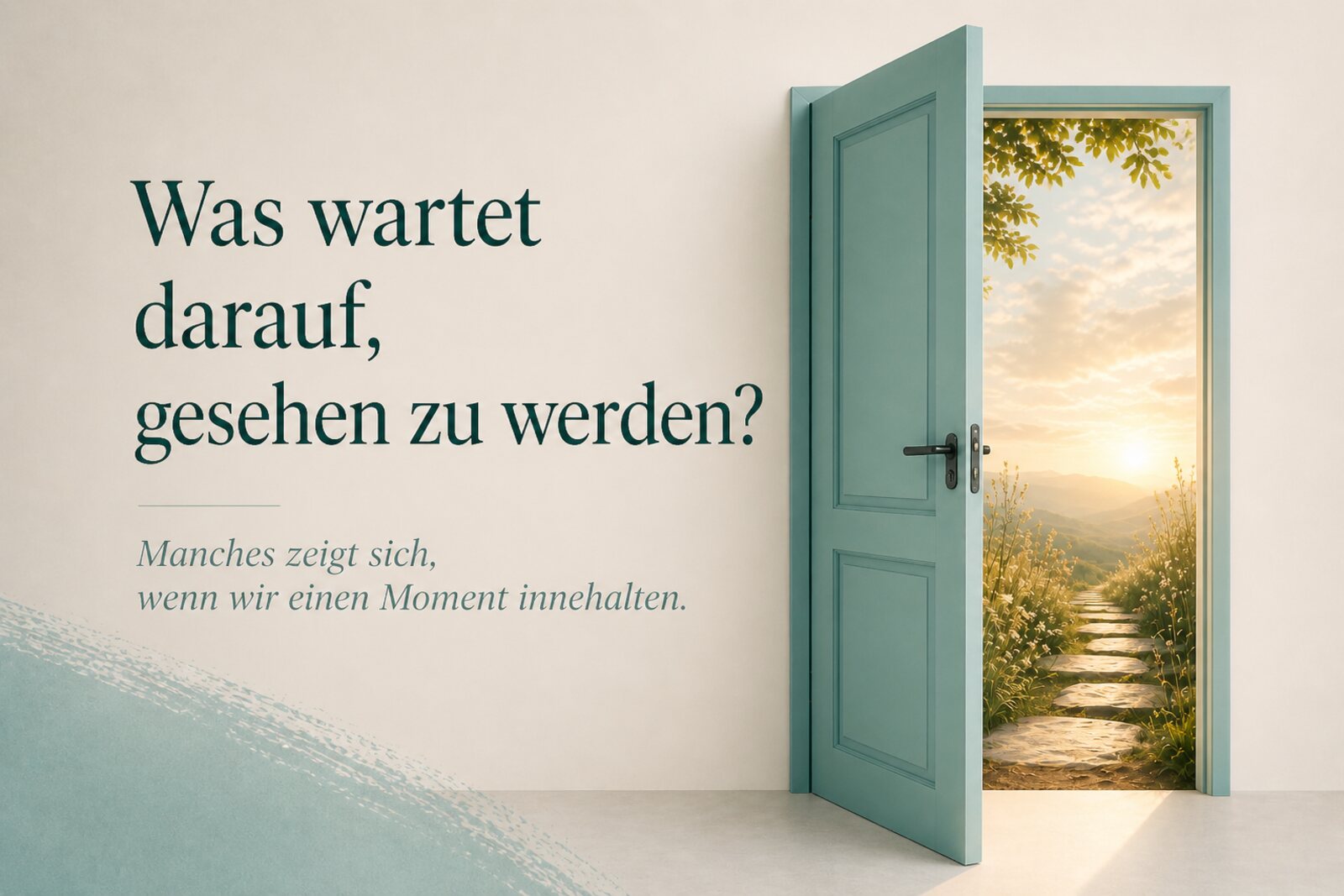 Türkise Tür mit Blick in den Sonnenaufgang und Text „Was wartet darauf, gesehen zu werden?“